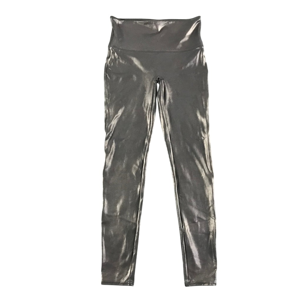 Spanx Faux Leather Leggings Metallic Gunmetal High Waisted Shaping Large L/G